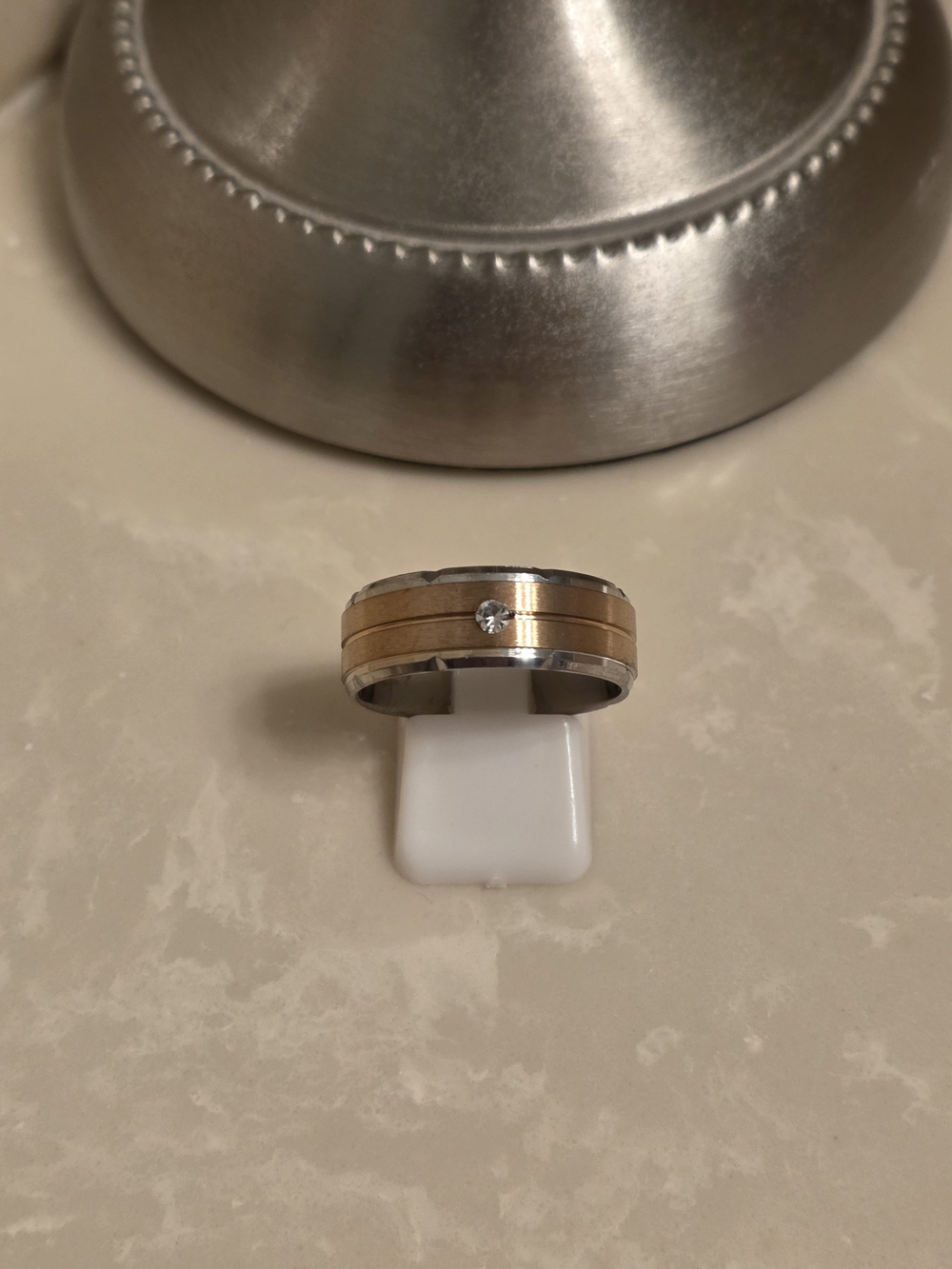 Two-Tone Stainless Steel and Copper-Tone Men’s Band with Center Stone